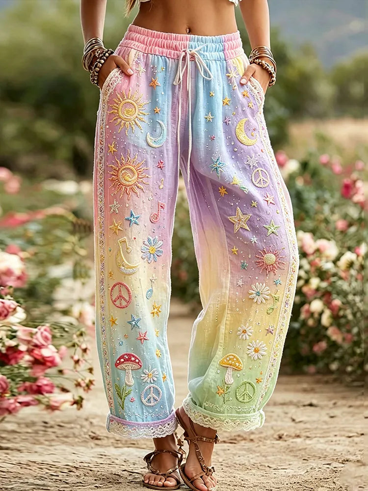Women's Hippie Sun Moon Stars Art Tie-dye Candy Color Cotton Linen Casual Pants